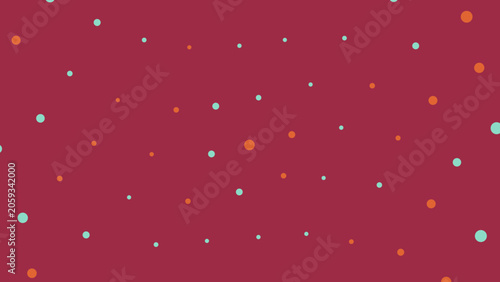 Red background with scattered orange and blue dots pattern design