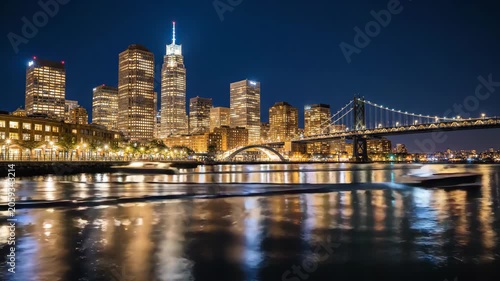 Stunning Night View of San Francisco Skyline and Bay Bridge Reflected in the Water.