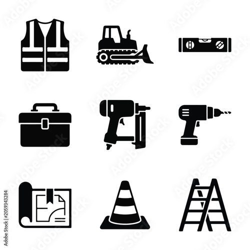 A set of nine black and white icons representing various construction tools and equipment like a safety vest, bulldozer, drill, and traffic cone.