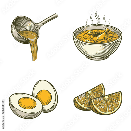 Vector breakfast ingredients set with fried eggs olive oil and lemon citrus slices.