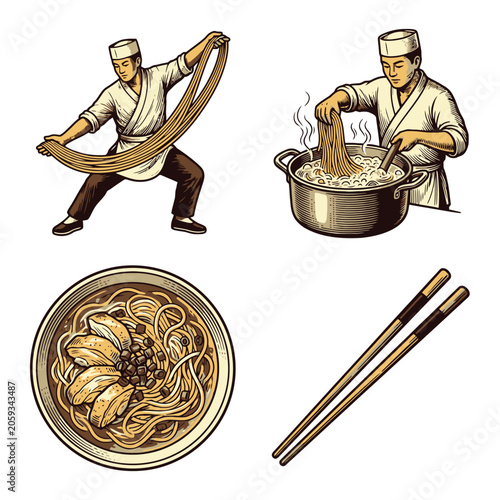 Vector chef cooking noodles with chopsticks and ramen bowl.