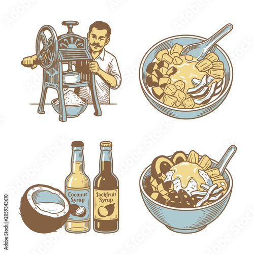 Vector illustration of chef kitchen stove pots and food ingredients set.