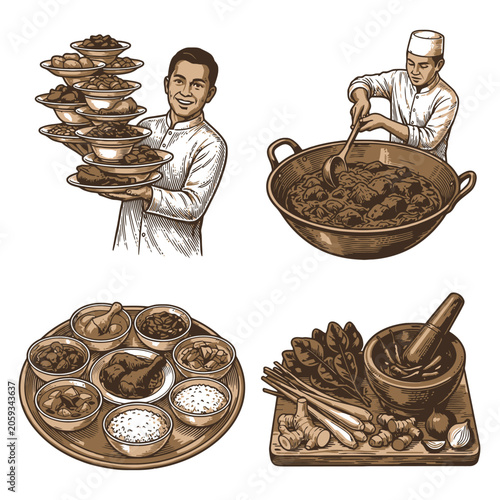 Vector illustration of chef preparing traditional meal with wealth coins concept.