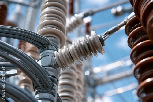 Close up of high voltage electrical substation insulators and power lines