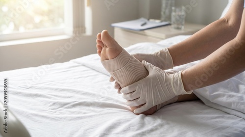 Nurse in gloves treating patient's foot with medical bandage in hospital for injury recovery and rehabilitation
