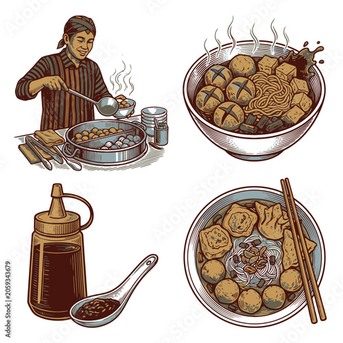 Vector illustration of chef preparing soup bowls with skewers and condiments.