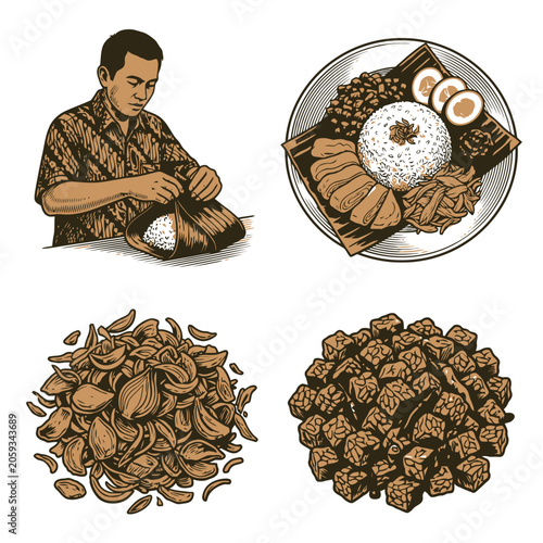 Vector illustration of cocoa beans and man holding cacao for ingredient display.