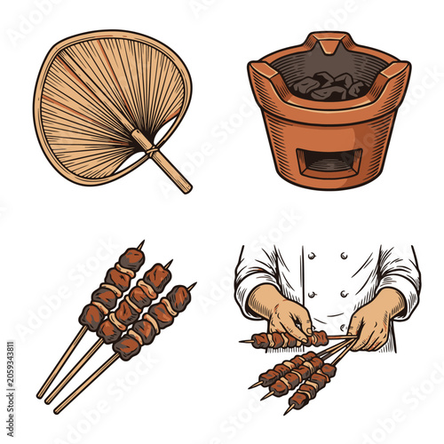 Vector illustration of grilling meat skewers with clay pot and conch shell dish.