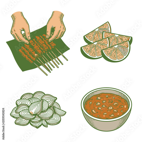 Vector illustration of spice ingredients and curry bowl.