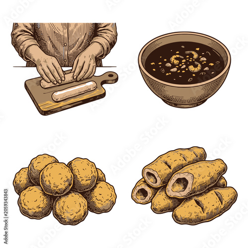 Vector illustration of potatoes soup bowl and cooking hands.