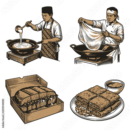 Vintage Chef Preparing and Serving Food Vector Illustration Set.