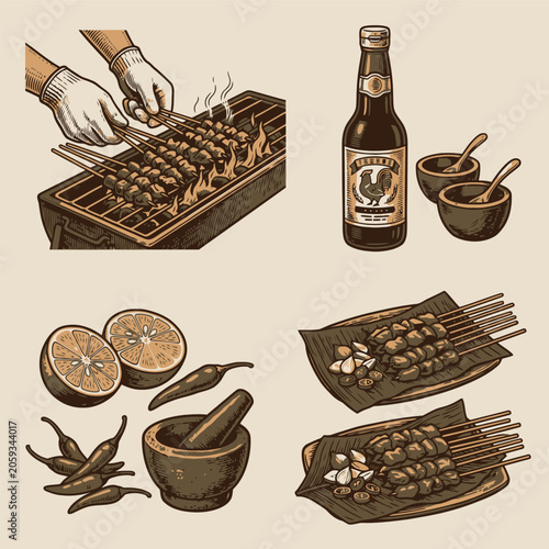 Vintage coffee and cacao ingredient vector illustration with bottle cup and seeds.