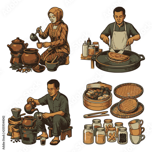 Vintage coffee brewing illustration with potter and cafe jars set.