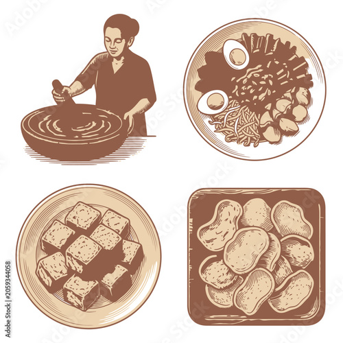 Vintage Food Menu Vector Illustration with Plates and Chef.