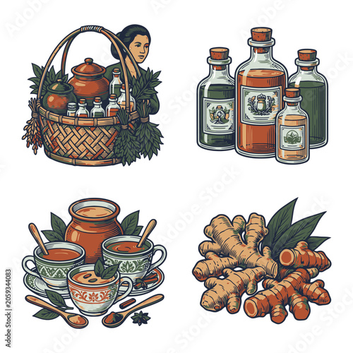 Vintage Herbal Potion Bottles with Tea Cauldron Illustration Set.