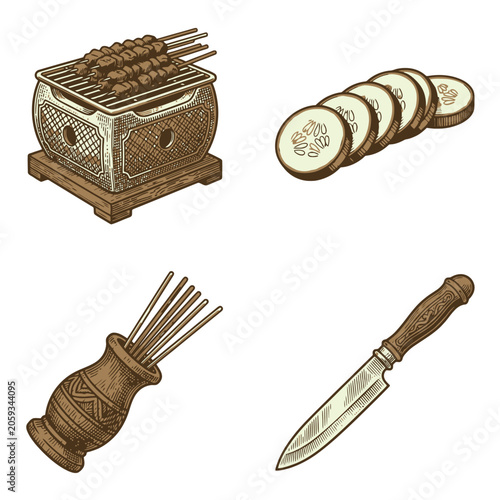 Vintage kitchen utensils vector illustration set with knife grinder and slicer.