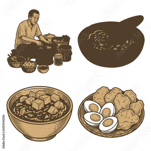 Vintage vector food ingredients set with steak stew and eggs.