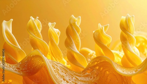 Close-up of golden spiral pasta shapes against a yellow backdrop