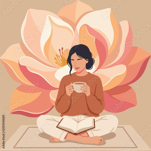 Relaxed woman enjoying a warm cup of tea or coffee in a cozy seating position against a giant abstract terracotta flower backdrop