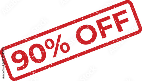 Vivid red rubber stamp displaying a ninety percent discount for exciting promotional sales campaigns