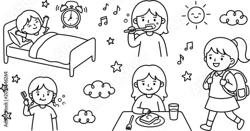 Foto Kids morning routine line art vector set with waking up brushing teeth breakfast