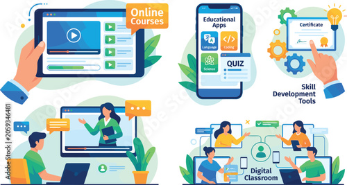 Online education vector illustration concept set featuring digital classroom video conferencing, educational apps, video lectures, distance learning courses, and skill development certificate elements