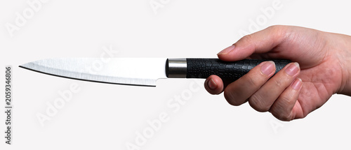 Female hand holding a steel cooking knife isolated on white background.