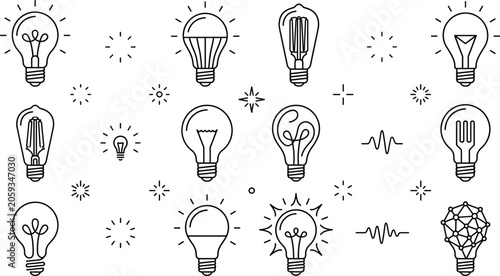 Foto Light bulb line art vector set with incandescent led edison lamp ideas energy in