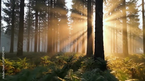 Sunlight filtering through a misty forest at dawn, creating a magical atmosphere.