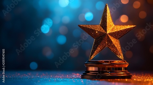 Shiny gold star award on a dark blue blurred bokeh background representing corporate success and excellence.