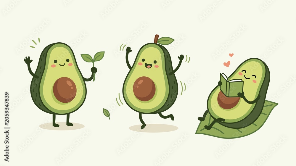 Obraz premium Cute avocado character set waving seedling dancing reading, healthy lifestyle flat vector illustration