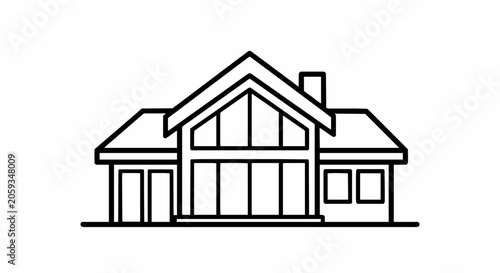 Minimalist line art icon of a modern house with a large glass facade and chimney