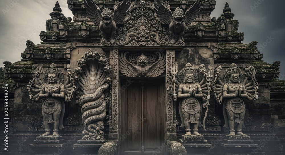 Fototapeta premium Ancient Balinese temple entrance with statues.