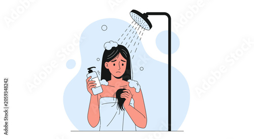 Woman with Hair Loss Concerns in the Shower Holding Shampoo Bottle
