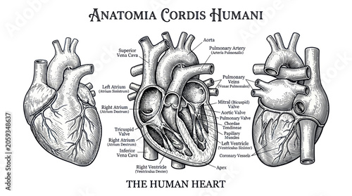 Foto Human heart anatomy chart showing internal and external structures