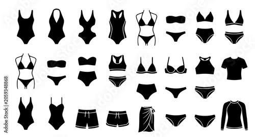 Fotografija Beachwear Fashion Silhouette Icon Set Swimsuits Bikinis Bras and Shorts