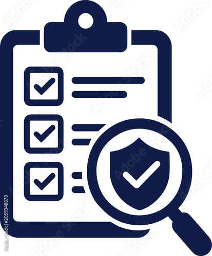 Dark blue clipboard checklist with magnifying glass and shield icon Vector