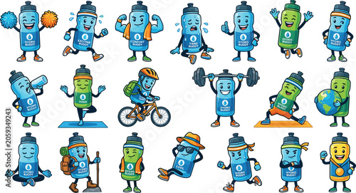 Obraz na plátně Cute Sport Water Bottle Mascot Character Set Posing in Various Fitness Activitie