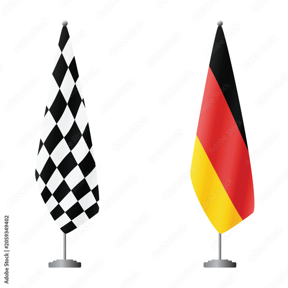 Fototapeta premium Checkered and Germany flags on flagpoles for official ceremonies and meetings, transparent background vector