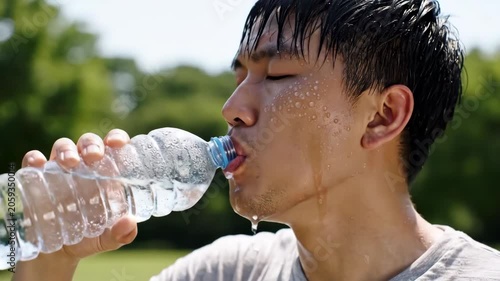 Sweaty Asian Man Quenches Thirst with Water Bottle After Intense Outdoor Workout.