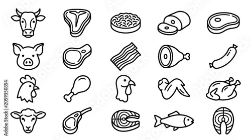 Fotografía Collection of meat and fish icons beef, pork, chicken, lamb, and fish