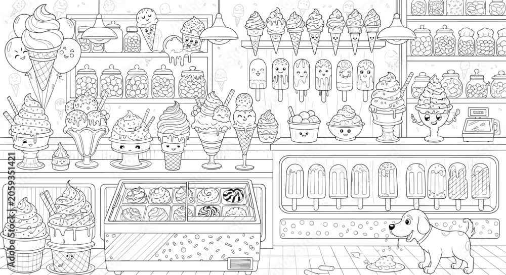 Fototapeta premium Fun ice cream shop interior scene for kids coloring pages design