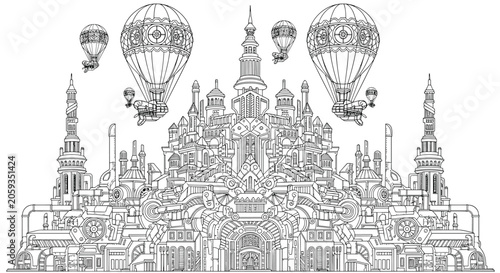 Detailed steampunk city illustration for adult coloring pages and creative art