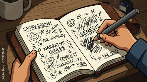 Photos Creative writing process shown in an open notebook with handwritten notes and sketches