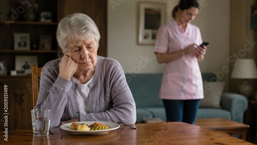 Sad senior woman sitting at table with dinner while caregiver uses smartphone in background. Neglect of elderly, social isolation and loneliness. Concept of elder abuse awareness.