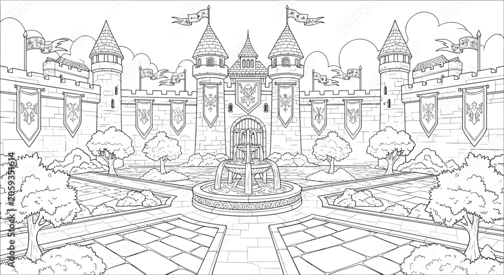 Fototapeta premium Medieval castle courtyard scene designed for relaxing adult coloring pages activity