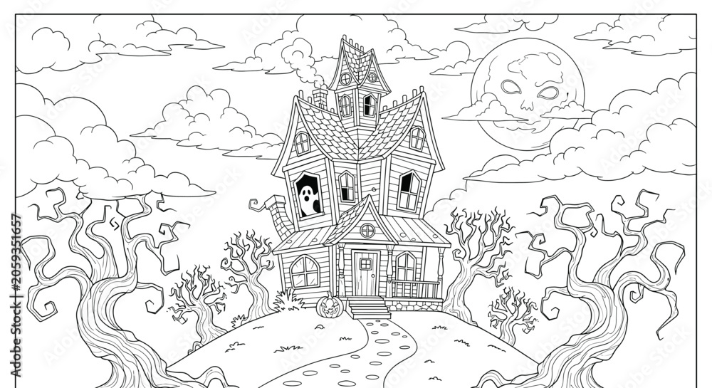 Naklejka premium Spooky haunted house scene with ghost for kids halloween coloring pages