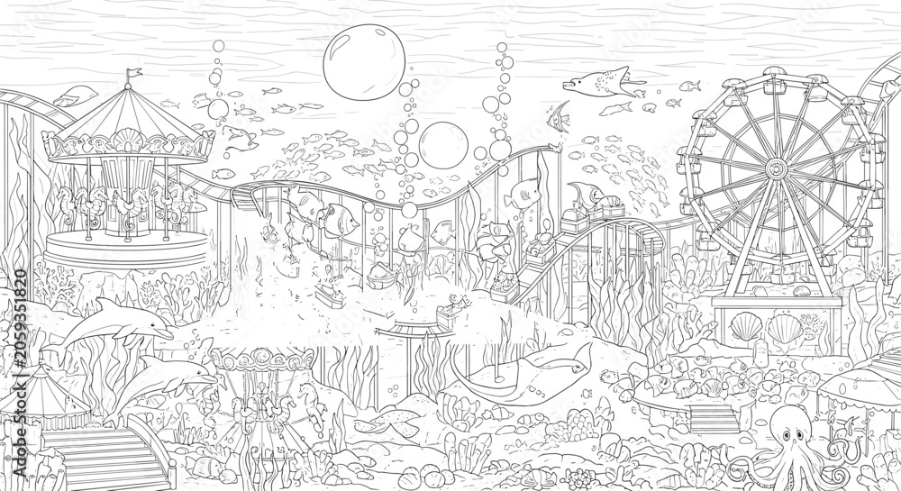 Obraz premium Underwater amusement park with ferris wheel for creative kids coloring pages
