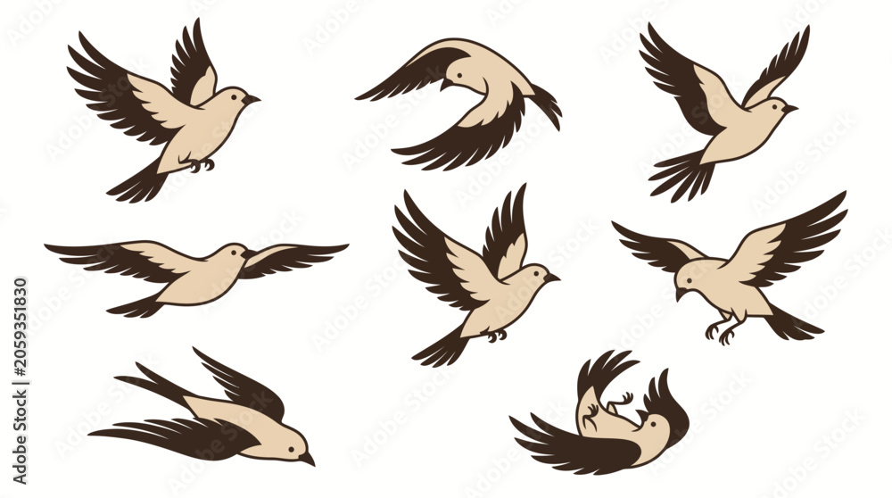 Obraz premium Set of Stylized Flying Birds Illustrations in Various Flight Poses