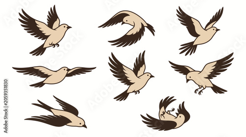 Tableau sur toile Set of Stylized Flying Birds Illustrations in Various Flight Poses